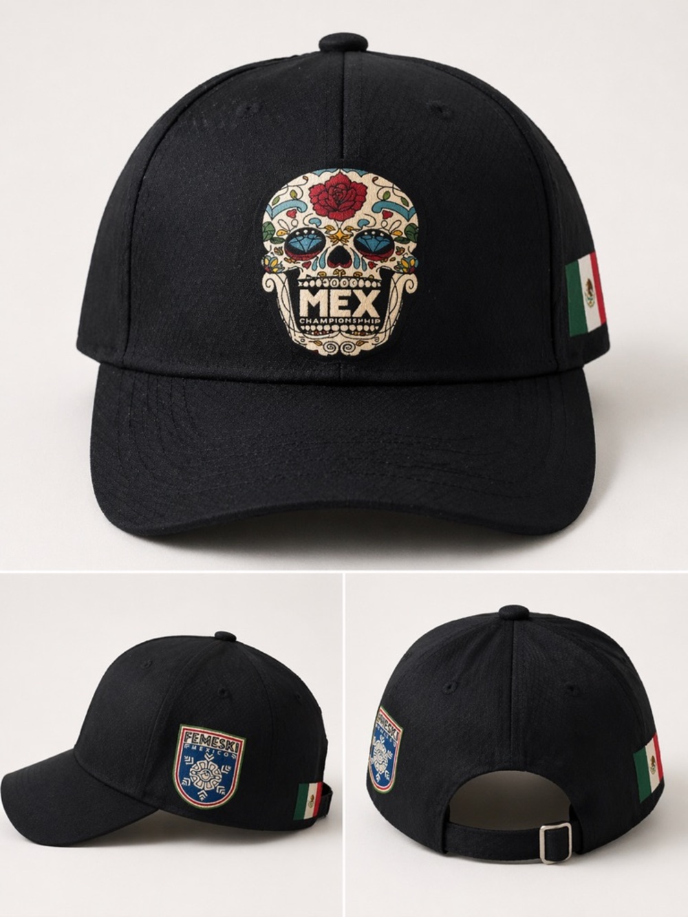 Black Baseball Cap with Colorful Sugar Skull Patch and Mexican Flag